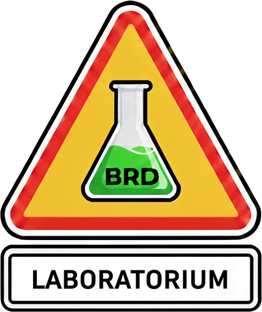 Interaktywne logo Laboratorium BRD Marcina Hałuszczaka przedstawiające żółty trójkąt ostrzegawczy z kolbą, zielonym płynem i napisem BRD oraz białą tabliczką informacyjną.